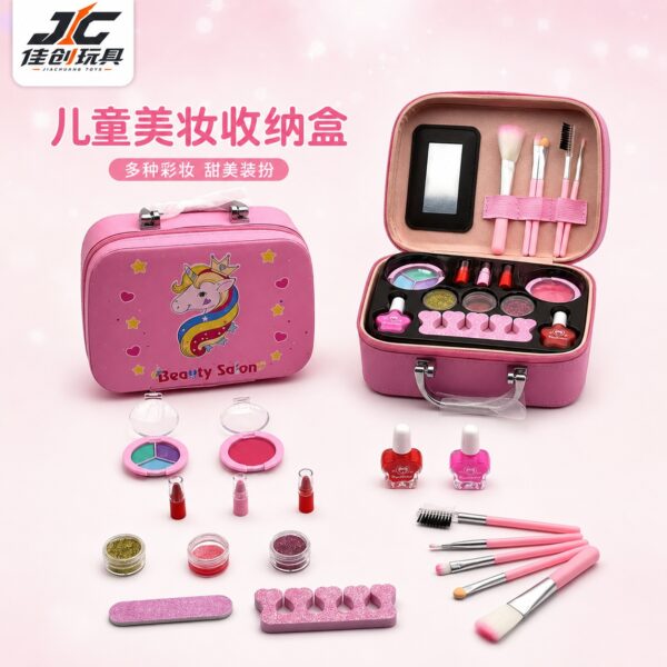 Pink Unicorn Kids Makeup Case Set - Cosmetic Storage Box with Brushes, Nail Polish & Accessories