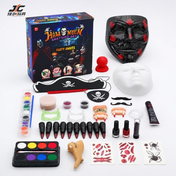 Halloween Party Costume Set: Scary Face Makeup Kit with Fake Blood, Scar Wax, Face Paint, and Fake Teeth (Halloween Scary Face Mask, Kids' Makeup, Realistic Cosmetics for COS and Costume Parties)