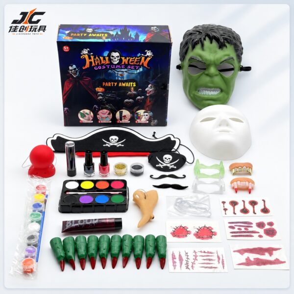 Cross-border Best-selling Halloween Party Costume Set - Superhero Costume with Scar Stickers and Horror Mask (Ghost Face Mask, Kids Makeup, Realistic Cosmetics for COS Costume Party)