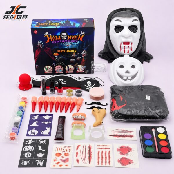 Halloween Party Costume Set: Vampire Costume with Scary Mask, Fake Blood, and Scar Wax (Halloween Face Mask for Kids, Cosplay Makeup, Simulation Cosmetics, Costume Ball)