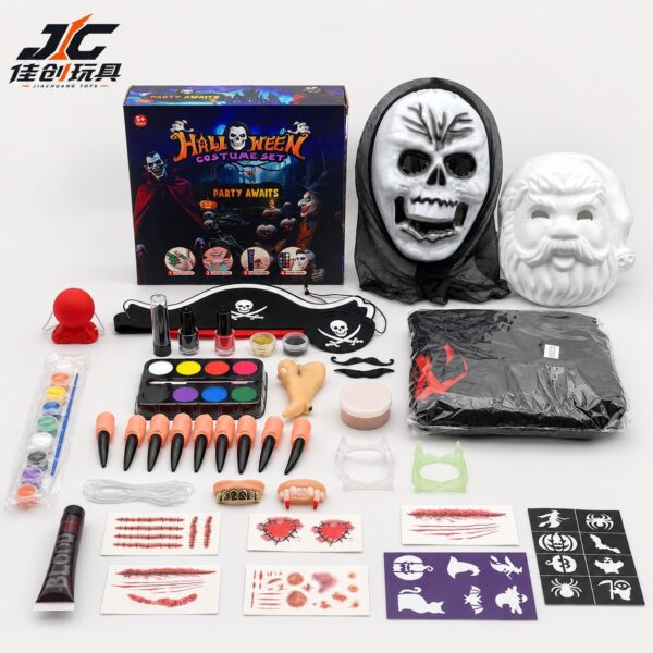 Halloween Party Costume Set - Skeleton King Outfit with Face Paint, Scar Stickers, Fake Blood, and False Teeth (Halloween Scary Face Mask, Children's Makeup, Simulated Cosmetics, COS Costume Party)