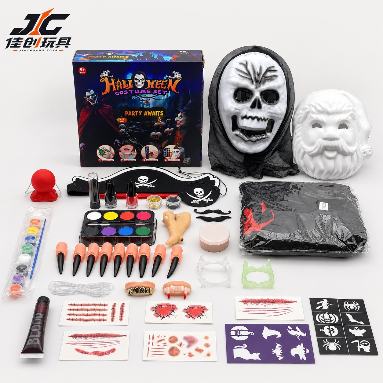 Halloween Party Costume Set - Skeleton King Outfit with Face Paint, Scar Stickers, Fake Blood, and False Teeth (Halloween Scary Face Mask, Children's Makeup, Simulated Cosmetics, COS Costume Party)