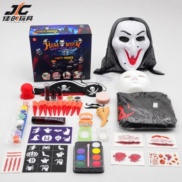 Halloween Party Costume Set - Witch Costume with Face Paint, Fake Blood, and Scar Wax Kit (Halloween Scary Face Masks, Kids' Makeup, Simulation Cosmetics for COS Costume Parties)