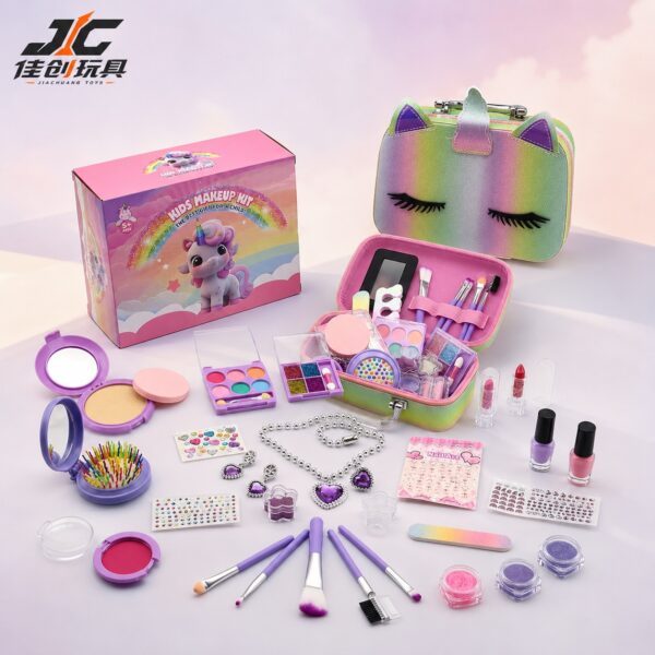 New Kids Makeup Set Rainbow Unicorn Storage Cosmetic Box Pretend Play Makeup Toy for Girls (Children's Cosmetic DIY Makeup Toy Set)
