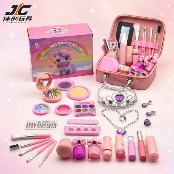 Pink Unicorn Makeup Set with Storage Box - Kids' Pretend Play Cosmetic Toy (DIY Makeup Kit for Children, Imitation Cosmetics)