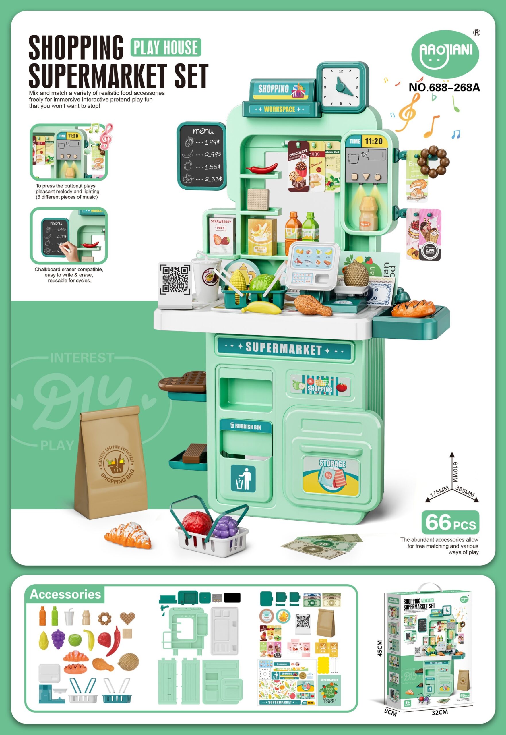 Play House Supermarket Set 66PCS - Lights Music Writing Board Pretend Play Toy