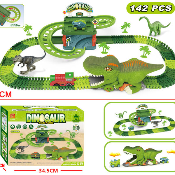 Dinosaur Rail Car Electric Parking Lot Toy - 120 Track Pieces Battery Operated
