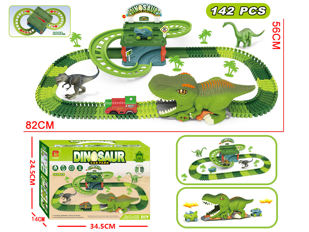 Dinosaur Rail Car Electric Parking Lot Toy - 120 Track Pieces Battery Operated